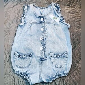 Soft denim infant romper, acid wash with sweet pink blossom buttons, 12 months